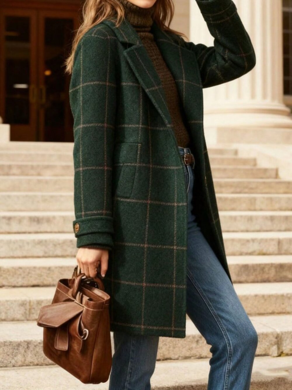 Dark Green Casual Women's Plaid Rib-Knit Single Breasted Regular Trench Coat - Picture 2 of 7